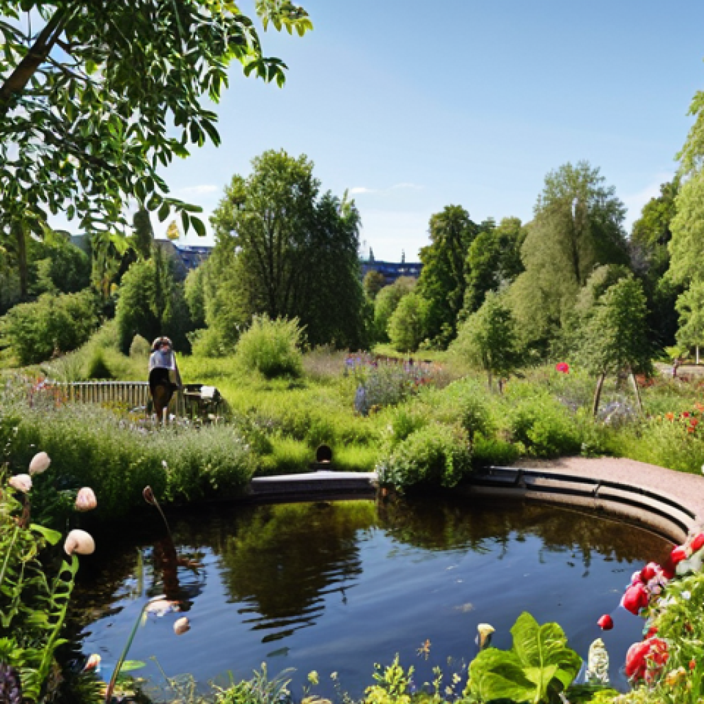 **A lush city park scene:** A vibrant and biodiverse city park filled with native Swedish plants. Include elements like insect hotels, a small pond, and people engaging in citizen science activities (e.g., taking pictures of flowers, observing birds). The overall atmosphere should be lively and promote well-being. Focus on a sunny day in Stockholm.