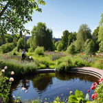 **A lush city park scene:** A vibrant and biodiverse city park filled with native Swedish plants. Include elements like insect hotels, a small pond, and people engaging in citizen science activities (e.g., taking pictures of flowers, observing birds). The overall atmosphere should be lively and promote well-being. Focus on a sunny day in Stockholm.