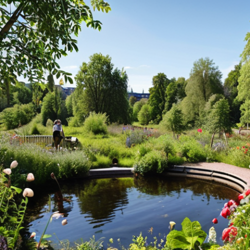 **A lush city park scene:** A vibrant and biodiverse city park filled with native Swedish plants. Include elements like insect hotels, a small pond, and people engaging in citizen science activities (e.g., taking pictures of flowers, observing birds). The overall atmosphere should be lively and promote well-being. Focus on a sunny day in Stockholm.