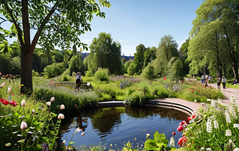 **A lush city park scene:** A vibrant and biodiverse city park filled with native Swedish plants. Include elements like insect hotels, a small pond, and people engaging in citizen science activities (e.g., taking pictures of flowers, observing birds). The overall atmosphere should be lively and promote well-being. Focus on a sunny day in Stockholm.
