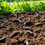 A vibrant, close-up shot of healthy soil teeming with earthworms and microorganisms on an organic farm in Skåne, Sweden. Compost and green manure are visible. Sunlight filters through lush green crops above. The overall feeling is rich, fertile, and full of life, showcasing the foundation of ecological farming.