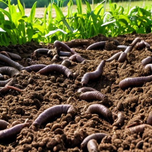 A vibrant, close-up shot of healthy soil teeming with earthworms and microorganisms on an organic farm in Skåne, Sweden. Compost and green manure are visible. Sunlight filters through lush green crops above. The overall feeling is rich, fertile, and full of life, showcasing the foundation of ecological farming.