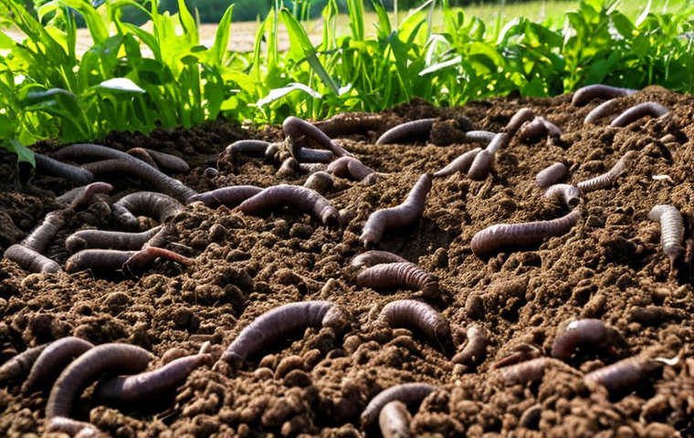 A vibrant, close-up shot of healthy soil teeming with earthworms and microorganisms on an organic farm in Skåne, Sweden. Compost and green manure are visible. Sunlight filters through lush green crops above. The overall feeling is rich, fertile, and full of life, showcasing the foundation of ecological farming.